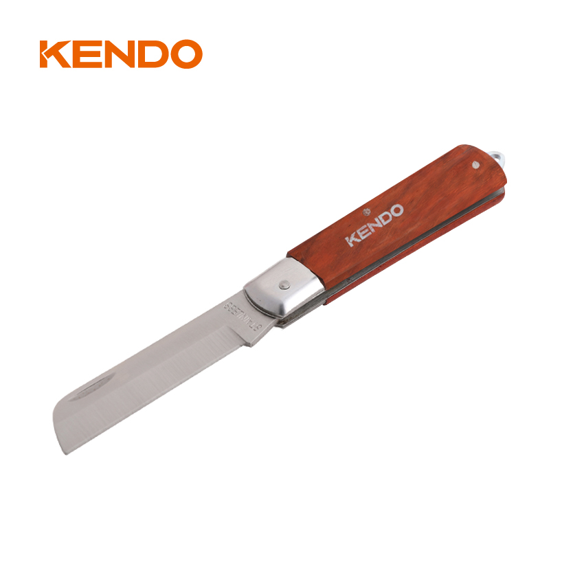 Couteau d'électricien à lame droite en acier inoxydable avec manche en bois