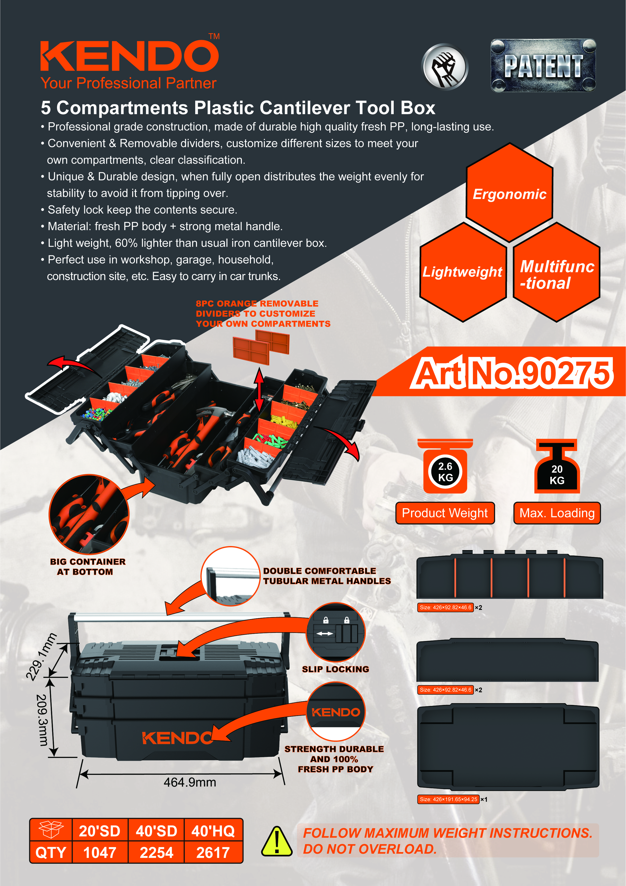Bo&icirc;te &agrave; outils en plastique en porte-&agrave;-faux &agrave; 5 compartiments