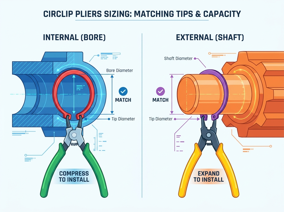 Guide de s&eacute;lection de la taille des pinces &agrave; circlips