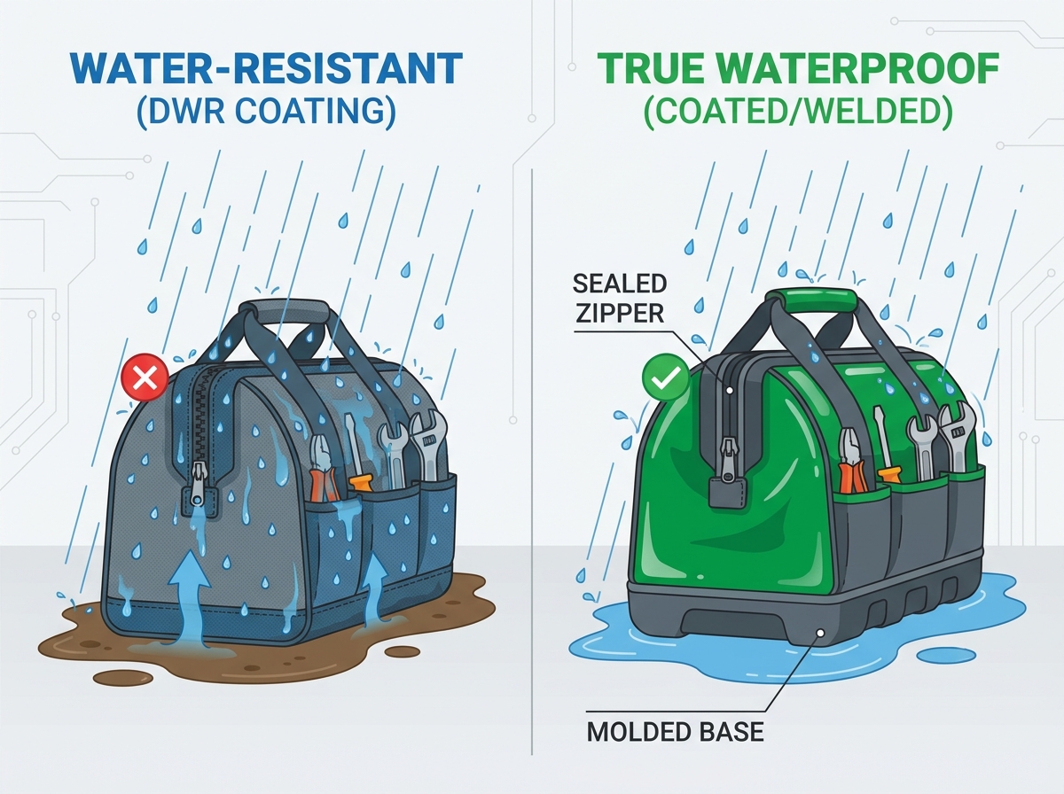 Sac &agrave; outils &eacute;tanche reposant sur une surface de chantier humide